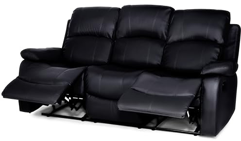 Bravich 3 Seater Recliner Sofa, Manual Reclining Faux Leather Couch, Padded Settee with Footrest, Steel Frame, Three Seater for Living Room, Black
