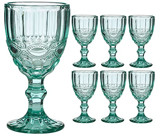 Wine Glass Set of 6 Turquoise Baroque Embossed 300ml Drink Goblets Alfresco Dining Glassware