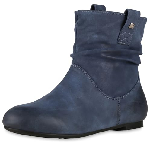 VAN HILL Gefütterte Damen Schlupfstiefel Nieten Stiefeletten Leder-Optik 610457 Dunkelblau 38