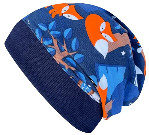 Wollhuhn ÖKO Lätt beanie-mössa för pojkar/flickor, jersey bomull övergång/sommar, många motiv (från miljövänliga tyger, bio), 20160204 (från ekologiskt material, bio), 20160204, Nightfox mörkblå/orange, 52/54 cm