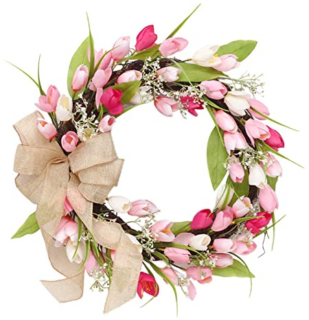 SJDWDX Ghirlanda di fiori artificiali di tulipano per porta anteriore, corona di fiori in seta primaverile da 17,7 pollici con foglie verdi e fiocco di lino, grande corona primaverile estiva per