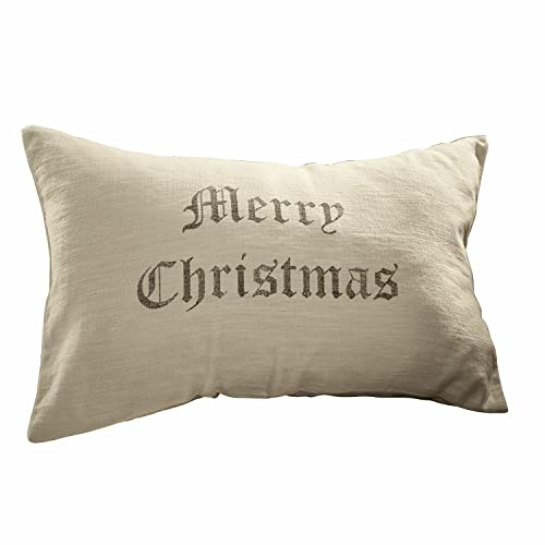 Loberon Kissenhülle Merry Christmas, festlich Bedruckt, Knopfverschluss, weihnachtliche Textilien, Weihnachtsstimmung, Weihnachtsdeko, Weihnachten, Leinen, Creme/grau