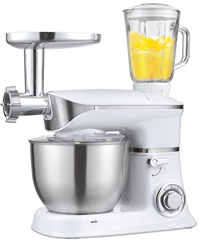Exprimidor/batidora de pie/picadora de carne 3 en 1, 1300 W, cuenco de 6,5 l, regulación de velocidad de 6 velocidades + pulso, con gancho para masa/batidor/batidor plano/espátula, blanco (blanco