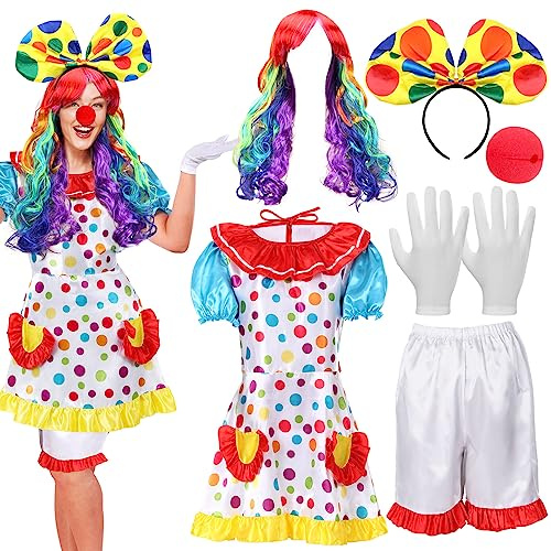 Handepo 6 Pcs Clown Costume Set Women Circus Dress Rainbow Clown Wig Headband Nose Shorts Gloves for Halloween cosplay(Large)
