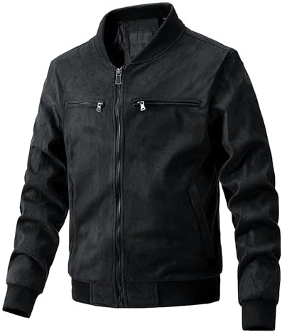ZDJSWJ Hommes faux daim Bomber Jacket léger baseball cuir flightsuit Casual Campus col montant Soft jacket (Noir,L)