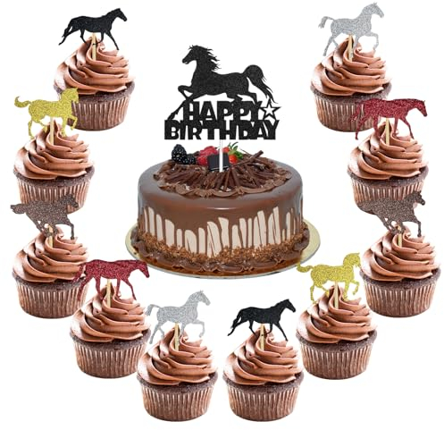 ALEGRE® Pferde Tortendeko Pferd Kuchendeko, 11 Stück Pferde Deko Geburtstag Kuchendeckel, Pferd Kuchen Deko, Pferde Geburtstagsdeko Cupcake Toppers, Happy Birthday Kindergeburtstag Deko, Muffin Deko
