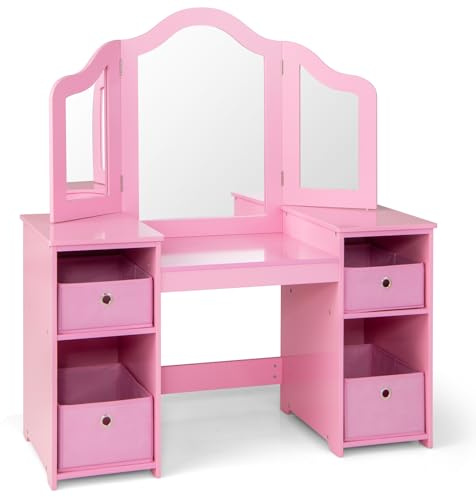 RELAX4LIFE Toeletta per Bambini con Specchio, Specchiera per Ragazzi in Legno Robusto, Tavolo da Trucco con Ampio Spazio di Stoccaggio (Toeletta + Cassetti, Rosa)