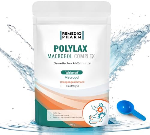 Macrogol Pulver 100 + Elektrolyte & Orange- Natürliches Abführmittel bei Verstopfungen | Schnelle Wirkung & Für lange Anwendungen | 305g XXL Packung | Alternative zum Senna Tee | Remedio Pharm