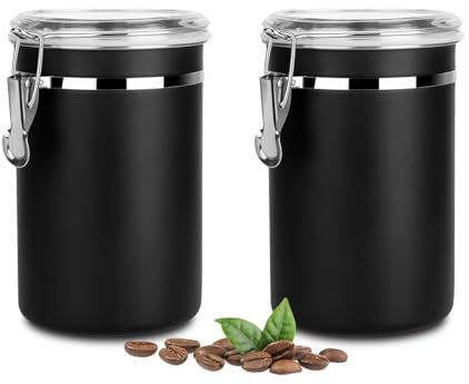 Walktosun Boîte à Café Hermétique, Conservation en Acier Inoxydable pour Grains de Café avec Couvercle Transparent Bocal Récipient Rangement Cuisine Alimentaires Stockage Thé (Lot de 2-1.8L - Noir)