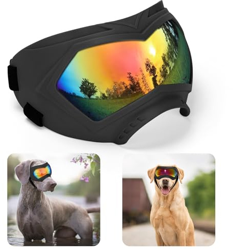 Dog Sunglasses, Dog Goggles for Large and Medium Breed with Adjustable Strap, UV Protection, Windproof, Waterproof, Dustproof and Snowproof, Dogs Eyes Protection, Wide Snout Rest, Soft Frame, Black A