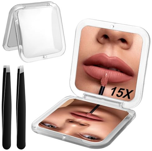 Leikedun Specchio da Viaggio Portatile con Ingrandimento 15X, Piccolo Specchio Tascabile Pieghevole, Specchio per Borse su 2 lati con ingrandimento 15X con 2 Pinzette, Quadrato 8,4cm, Bianco