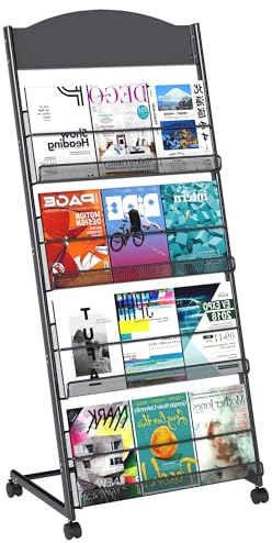 Baoz Magazine Rack Floor-Standing 4-Layer, Brochure Display Stand, Detachable Magazine Display with Wheels, High-hardness Metal Magazine Holder for Exhibitions, Office, Shopping Malls
