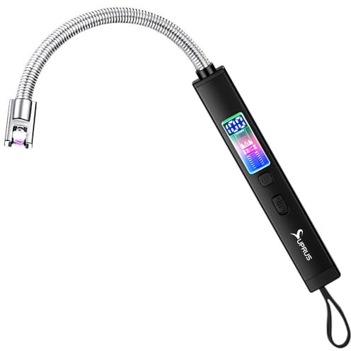 SUPRUS Electric Candle Lighter Windproof Rechargeable USB-C with Digital Battery Display Ambient Lighting Safety Switch 360° Flexible Neck Flameless Plasma