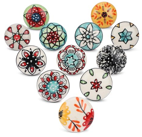 Ajuny Lot de 12 Boutons en Céramique Multicolores Peints à la Main Poignées Décoratives à Pois pour Armoires Tiroirs Placards de Cuisine Commodes Meubles de Finition Brillante