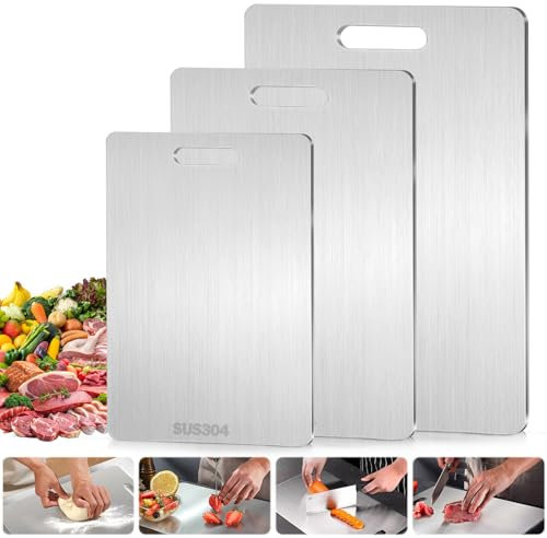 3 Pièces Planche à Découper Inox, Decoupe Legumes Planche a Decouper, Planche a Pain, Deux Côtés, pour la Cuisine, la Viande, les Légumes, les Fruits (20 x 30 cm, 23 x 34 cm, 28 x 39 cm)