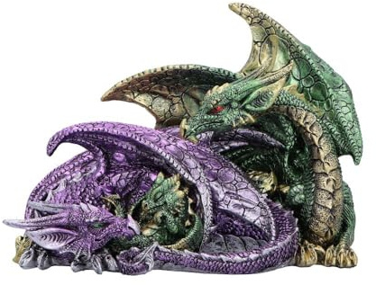 Nemesis Now Precious Hoard - Figura de la familia de dragones - Estatua de resina pintada a mano con ojos brillantes LED, dragones verdes y morados con bebé, criatura mítica de fantasía coleccionable