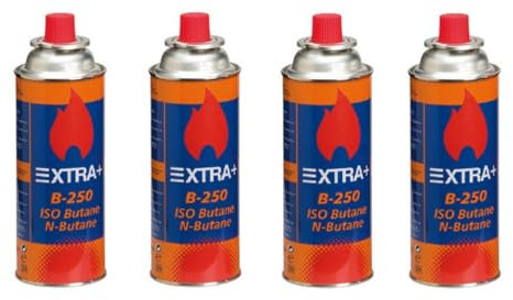 DISPAU Pack de 4 Cartuchos de Gas Butano Recambio de Gas Propano Portable Gas Butano Compatible para Cocina Portátil, Hornillo, Soplete Soldador, Camping Gas Extra+ B-250 227g