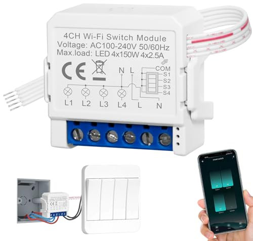 SOARFLY Interruttore WiFi 4 Vie (3P), Interruttore Smart Wifi 2.4GHz, Interruttores Alexa Luci SmartHome, DIY Mini Smart Switch Con SmartLife Tuya APP, Interruttores Alexa Con Vocale/Timer