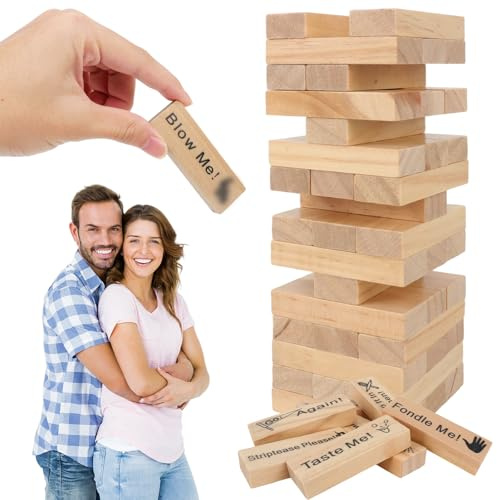 Hojalis Lust Tower, 48 Piece Wooden Valentine Tumbling Tower Stacking Blocks Game, Couples Games for Adults Date Nights, Parties, Valentine's Day Gifts