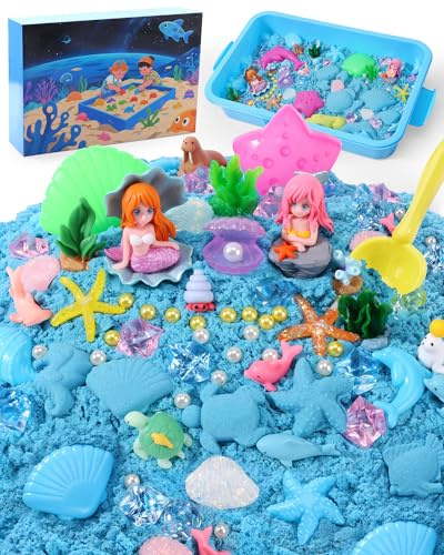 cycletour Magic Sand Set Ocean Series, set di sabbia magica, contiene 1 kg di sabbia magica blu, una sabbiera coperta e 47 giocattoli di sabbia, sabbia magica per bambini dai 3 anni in su