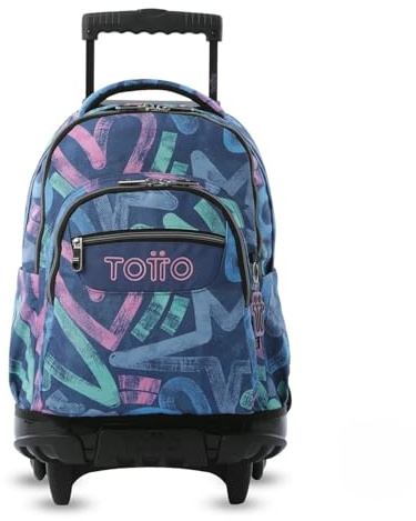 TOTTO - Mochila Escolar con Ruedas, Modelo Renglones, Capacidad 26,21 Litros, Bolsillo para PC 14, Bolsillo Botella, Correas en S para Mayor Comodidad, Resistente, Estampado Roomin Azul