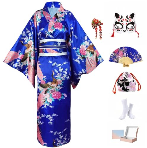 KRUIHAN Kit Kimono Japonés Mujer Caja Regalo–Disfraz Geisha Yukata Satinada Pavo Real Azul Real,Obi,Abanico,Máscara Kitsune,Bolsa Cordón–Traje Cosplay y Carnaval