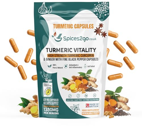 Spices2Go Turmeric Vitality High Strength Turmeric Capsules, 1380mg with Curcumin, Ginger and Black Pepper, Vegan Food Supplement, 120 Veg Capsules, 60 Days Supply - Made in Britain