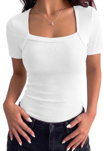 Aottori Camiseta Mujer Manga Corta Ideal como Capa Base con Cuello Cuadrado | Punto Acanalado, Corte Ajustado, Tejido Elástico, Tacto Suave, para Verano, Forma de Túnica