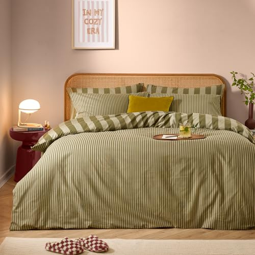 furn. The Ultimate Stripe Juego De Funda Nórdica – Ropa De Cama Reversible De Polialgodón con Rayas Estrechas Y Atrevidas (Té Verde – King - 230x220cm)