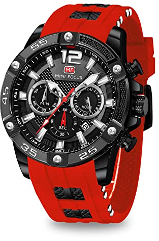 MF MINI FOCUS Relojes de pulsera para hombre únicos e informales (cronógrafo/impermeable/luminoso/calendario/24 horas), correa de silicona, relojes de moda para hombre, Rojo, Cronógrafo