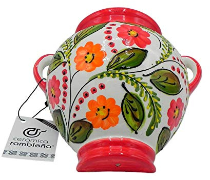 CERÁMICA RAMBLEÑA | Pot de Fleur Suspendu | Pot de Fleur Suspendu en Terre Cuite | Pot Mural | Rouge et Blanc | Décoré à la Main à 100% | 17x15x12 cm