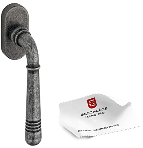 Beschläge Hamburg: Fenstergriff Emily 07 — Dreh-Kipp Fenster-Beschlag mit 45° Raster — Art deco Fenster-Garnitur — Fensterhebel mit Riefen in Dark Antique Steel