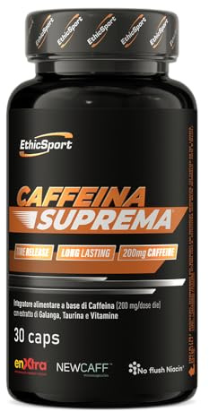 ETHICSPORT Caffeina Suprema 200 mg di Caffeina a rilascio modulato con NEWCAFF, EnXtra, Teanina e Taurina – utile per lucidità mentale e concentrazione – 30 capsule vegetali