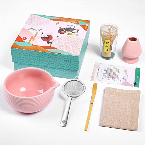 ZENRC Ceremony Pink Matcha-Set – Traditioneller Bambus-Matcha-Schneebesen (Chasen) Schaufel (Chashaku) Chawan-Schüssel mit Ausgießer, Schneebesenhalter, das perfekte Matcha-Set (Babyrosa, 6 Stück)