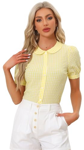 Allegra K Chemisier à carreaux à manches courtes bouffantes avec col Peter Pan pour femme, jaune, XL