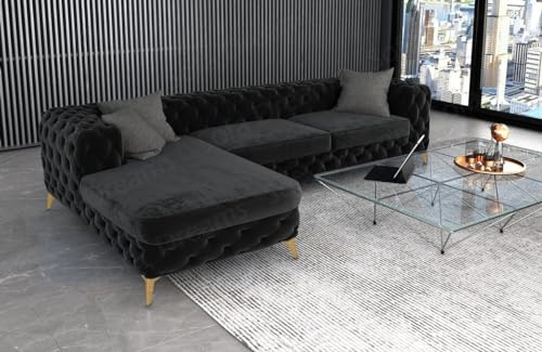 Samtsofa Cordoba L Form kurz in Chesterfield Optik Ecksofa mit Bezug aus Samt Sofa (Schwarz, Ottomane Links)