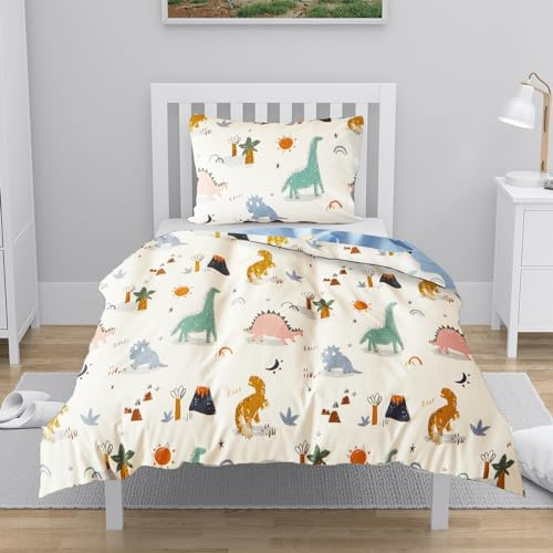 YASMENG Sängkläder 100 x 135 barn dinosauriemotiv sängkläder barn 100 % bomull vändbara sängkläder 2 delar för ungdomar barn pojkar med dragkedja och 40 x 60 cm örngott