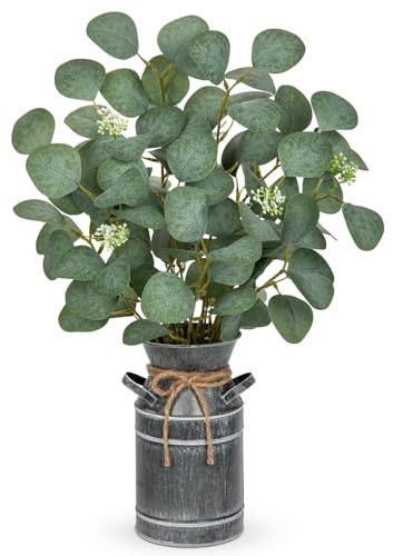 Hollyone Artificial Eucalyptus Plant with Metal Vase, 19 Fake Plants Rustic Farmhouse Home Decor, Lifelike Greenery for Living Room, Kitchen, Office, Wedding Centerpieces