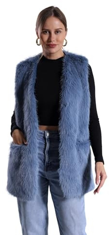FunnyCos Women's Faux Rabbit Fur Vest Jacket Waistcoat Coat Winter V Neck Sleeveless Fluffy Warm Fake Fur Gilet with Pockets Haze Blue,L