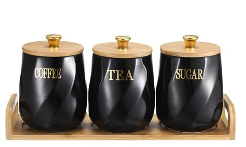 BTSKY Ceramic Kitchen Canisters with Lid and Tray - Black Airtight Sugar Coffee Tea Containers with Wooden Tray, Food Storage Jars for Kitchen Counter Storage Jars for Kitchen Counter