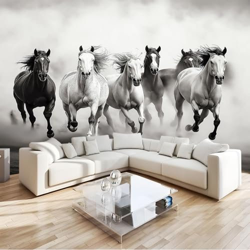 Art Papel Tapiz Fotográfico Animal caballo negro blanco Papel Pintado no Tejido 400x280 cm Lana Decoración De Pared Sala Cuarto Póster Mural para Sala de estar Dormitorio Infantil Decoración