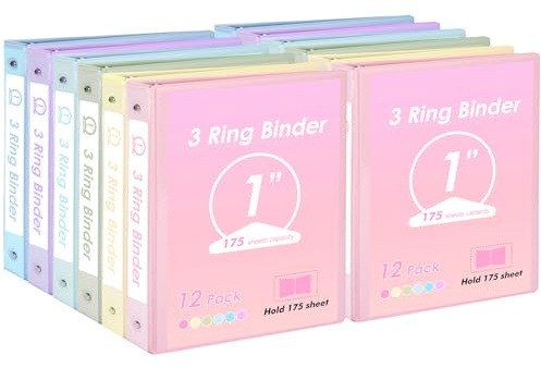 EOOUT 1 inch 3-Ring Binder 12 Pack Assorted Pastel Color with 2 Pockets Inside, Fits 11 x 8.5 Inch Paper with 175 Sheets Capacity, for Office, Home, School Project