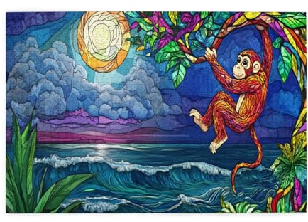 BEAROWL Naughty Monkey in The Tree，Adult Wooden Jigsaw Puzzle 1000 Pcs, Dreamy Stained Glass Design, Classic Fairy Tale Scenes, Fantastic Imagination, Release Pressure, Relax Body and Mind