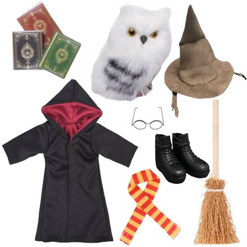 NEVGVUP Wizard Christmas Elf Accessories for Elf Doll Clothes Christmas Costume Includes Robe, Broom, Scarf, Mini Glasses, Mini Book, Owl, Shoes and Hat(Wizard Setting pro)