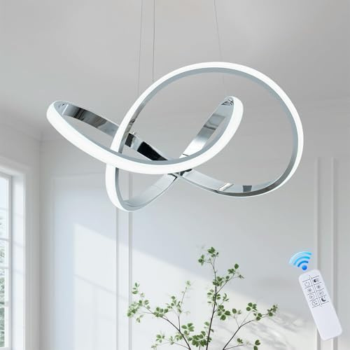 MAYNA Modern LED Chandelier for Dining Room, Dimmable LED Pendant Light with Remote, Irregular Infinity Light Fixture for Kitchen Island, 3 Color Changeable Chandelier, Chrome 19.7 inch
