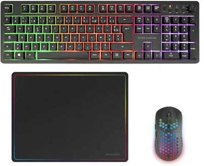 Mars Gaming MCPWX, Français, Combo Gaming sans Fil, Technologie DualPro Link 2.4GPRO, Clavier Complet FRGB avec Contrôle Multimédia + Souris RGB 3200DPI + Tapis Antidérapant 360x260mm, Noir