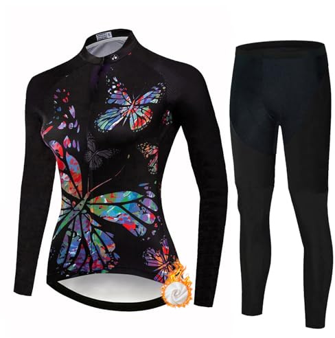 Abbigliamento Ciclismo Donna Completo Bici MTB Invernale Tuta Ciclista,Maglietta da Bicicletta Termico Vello Giacca Manica Lunga e Pantalones Largos con 19D Gel Imbottiti,Completi Maglia Ciclo|1,XXL
