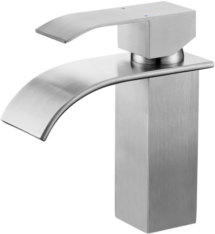 CECIPA Grifo de baño, grifo de lavabo cascada, grifo de baño de acero inoxidable, grifos de lavabo con agua caliente y fría, monomando, 85 mm de alto, plata cepillada