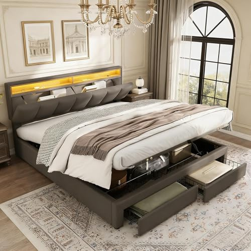 PerGar Polsterbett 160x200 cm mit Stauraum, Hydraulisches Stauraumbett, Doppelbett mit Bettkasten, Bett mit 2 Schubladen, Verstaubares Kopfteil, Jugendbett, Ohne Matratze, Leinen, Grau