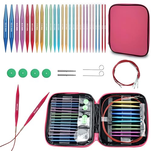 Hsyan 13 Paires Aiguilles Circulaires Tricot, Aiguille Circulaire Interchangeable, Aiguilles à Tricoter en Aluminium 10 cm, Diamètre 3-10mm avec 4 Câbles Un Sac et des Accessoires, Colorful